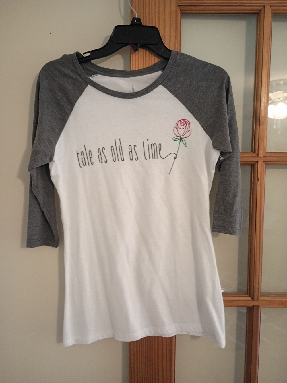 Disney White and Gray Raglan Tee with Pink Rose Graphic
